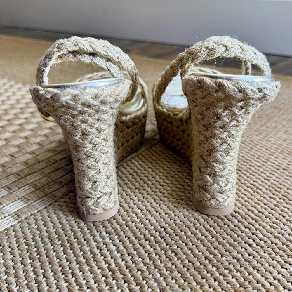 Stuart Weitzman Women’s Brada Strap Gold/Natural Espadrille Wedge Sandals—9.5